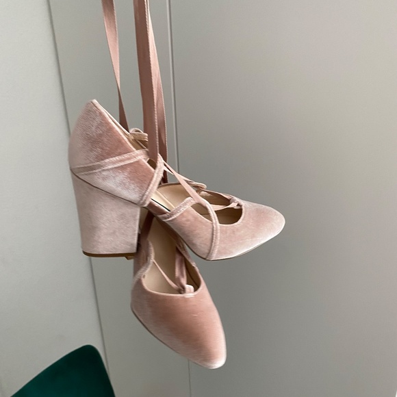 Pink Velvet Ballet Lace Up Block Heels - Picture 6 of 12